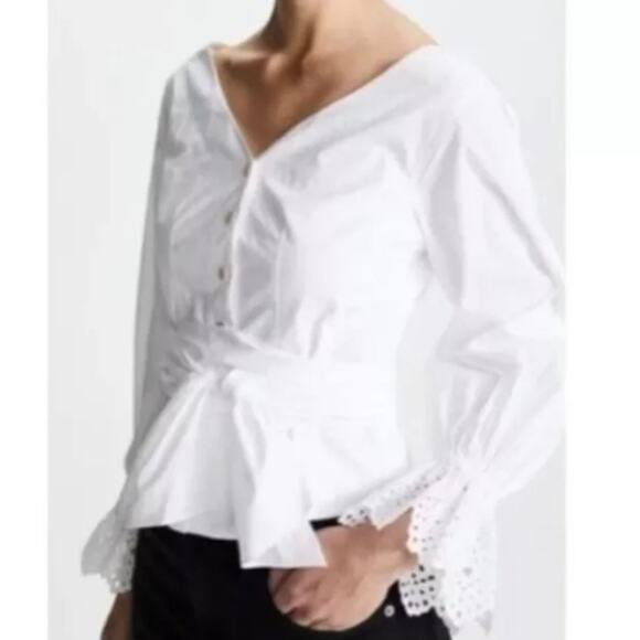 REBECCA TAYLOR Long Sleeve Eyelet Pop Top Womens 8 Milk White Romantic Boho - Picture 3 of 16